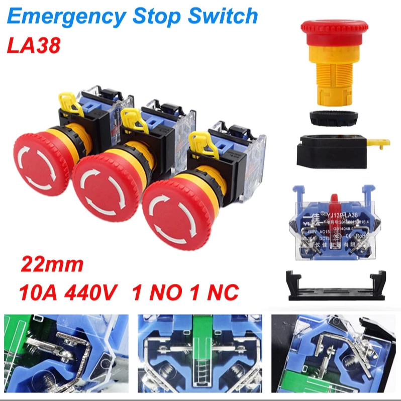 Tombol Push Button Emergency Darurat Stop Self Switch Locking Lock 22mm 10A AC660V LA38-11zs - Slide 1