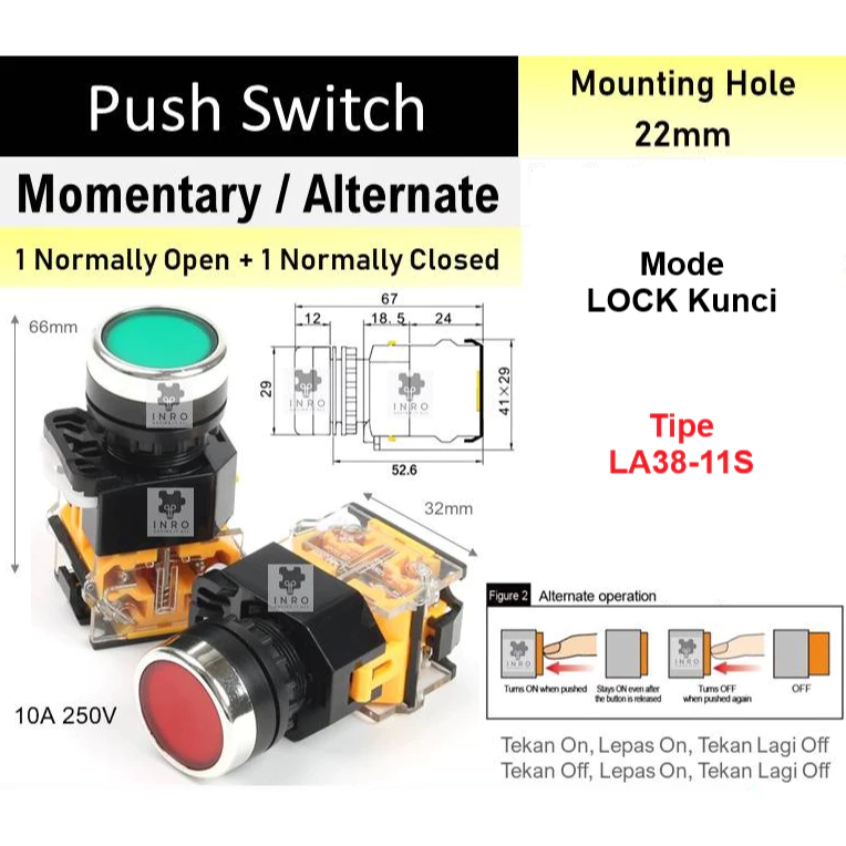 tombol push button on off Self Locking lock Kunci Switch LA38-11S LA38-11 S 22 mm 10A 440V Flat Buttton - Slide 1
