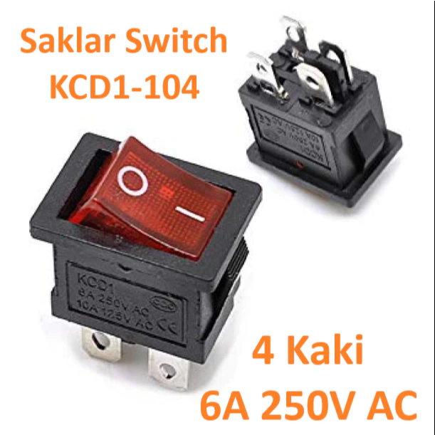 Saklar Power Rocker Switch On Off KCD1 104 4 Pin Kaki 6A 250V AC Dengan Lampu LED MERAH - Slide 1